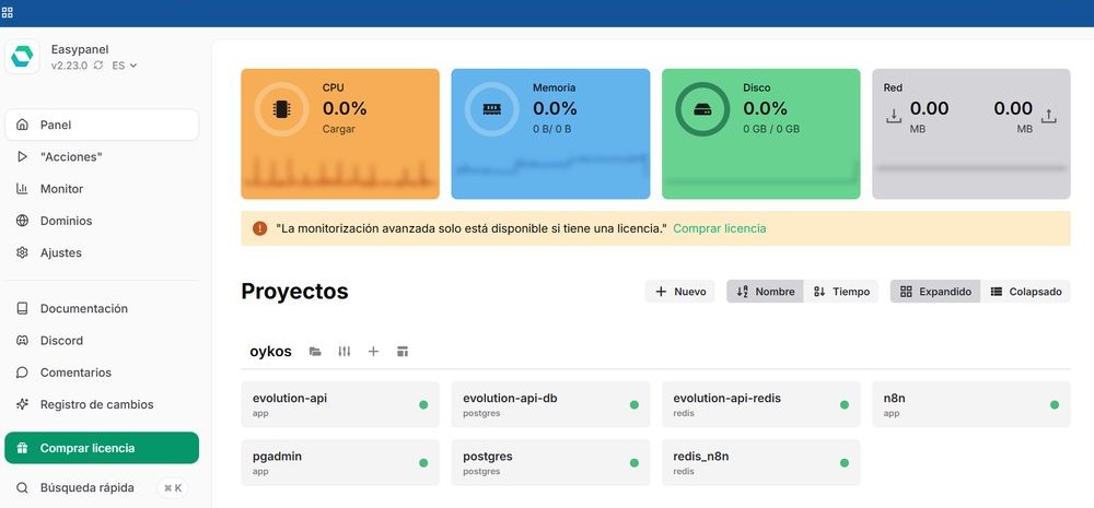 Panel de infraestructura en EasyPanel con servicios de automatización desplegados